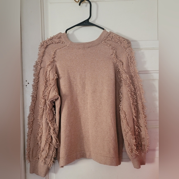 1. State Tops - 1.STATE Camel Fringe Trim Crewneck Sweater – Size Medium